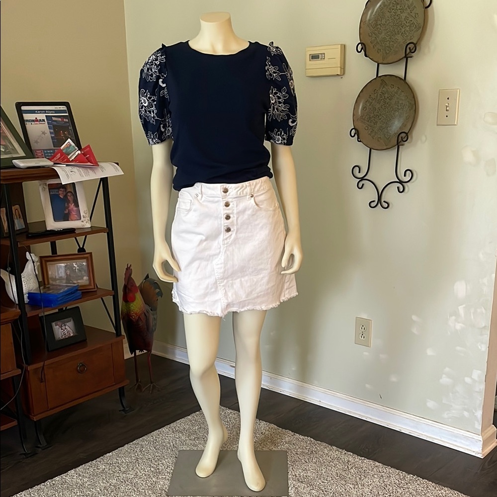 LOFT Navy and White Embroidered Top with White Skirt